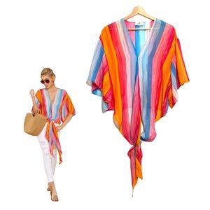 Palms Away Sheer Front Tie Top Flowy Small Vibrant Multi Colored Beachy Blouse